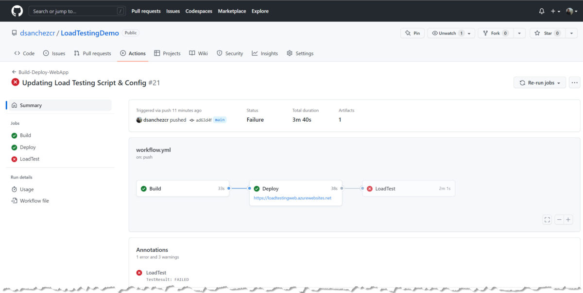 GitHub Action Run for Load Testing